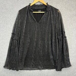 Belldini‎ Blouse Black Silver Metallic Lurex Smocked Bell Sleeve Top Size Medium